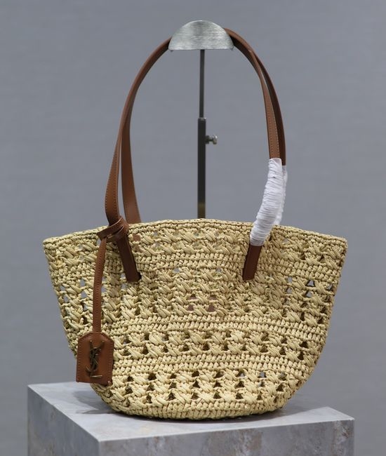 Yves Saint Laurent YSL Woven Raffia Hollow Tote Basket Bag 761461