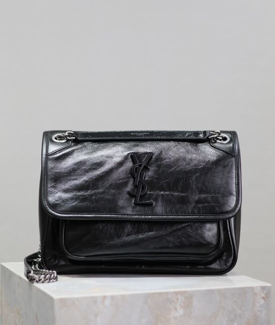 Yves Saint Laurent YSL Niki 28cm Black Oil Wax Leather Snake Pattern Shoulder Bag 633158-1