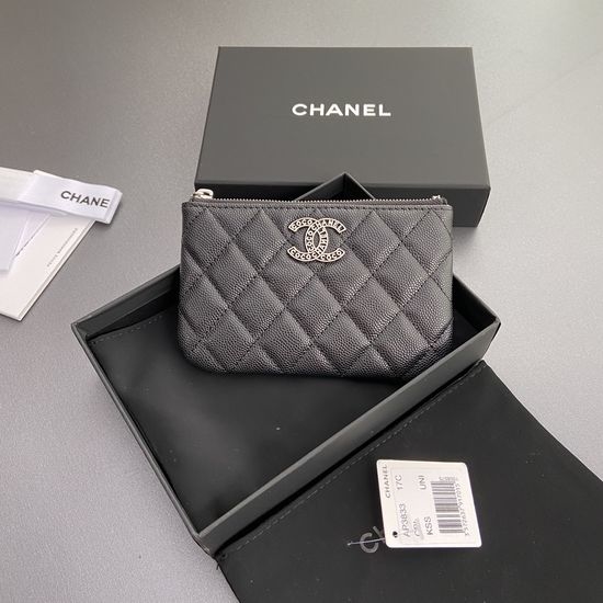 Chanel Quilted Card Holder Zip Pocket Silver Hardware 3833