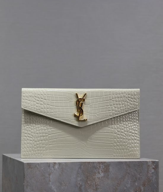 Yves Saint Laurent YSL Uptown White Crocodile Texture Clutch 565739
