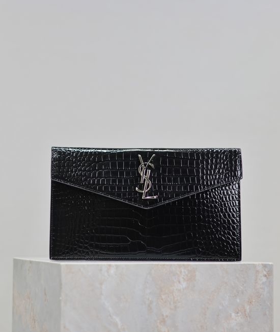 Yves Saint Laurent YSL Uptown Black Crocodile Silver Buckle Clutch 565739 2234