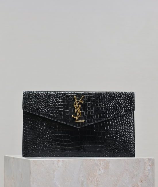 Yves Saint Laurent YSL Uptown Black Crocodile Gold Buckle Clutch 565739 2233