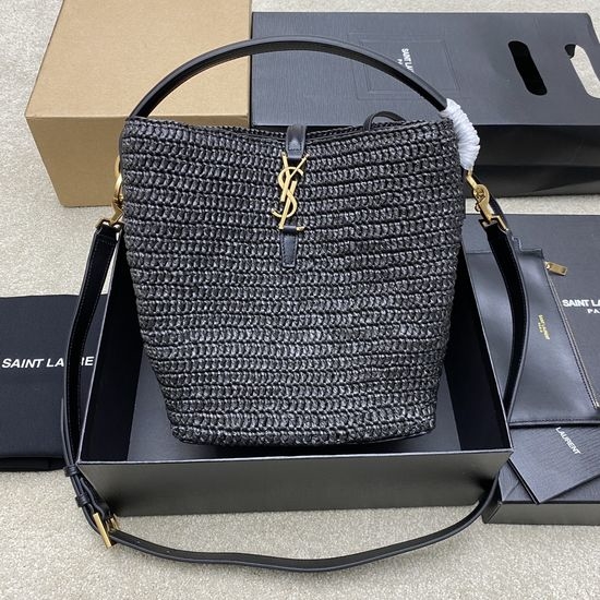 Yves Saint Laurent YSL LE 5A7 Raffia Woven Bucket Bag with Leather 9150
