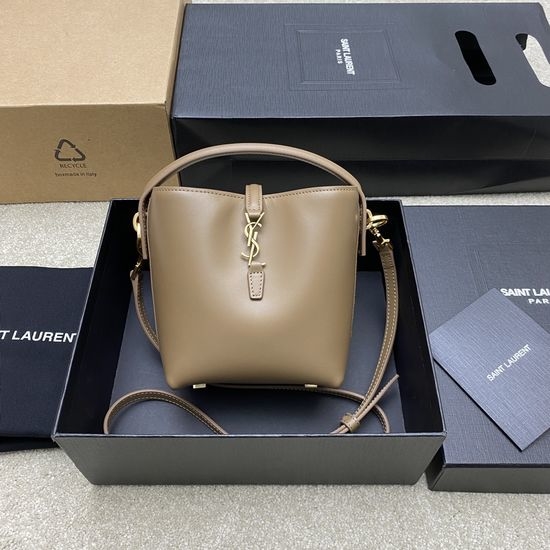 Yves Saint Laurent YSL LE 37 Mini Glossy Leather Bucket Bag Dark Wood 765870