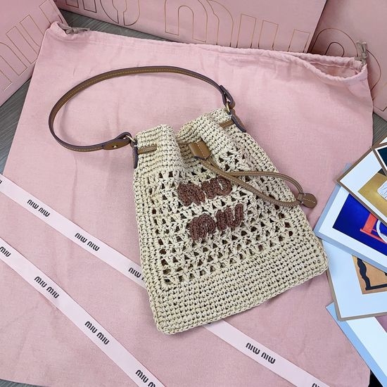 Miu Miu Woven Bag Raffia Material Leather Strap 5ND016