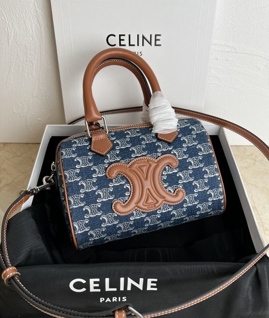 Celine Cuir Triomphe Denim Leather Boston Bag 197582