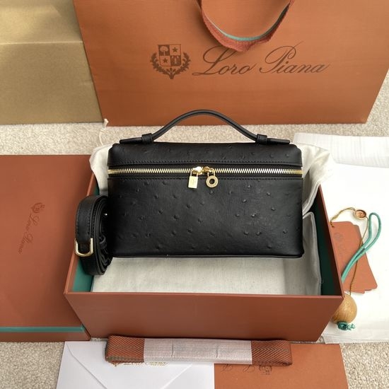 Loro Piana Extra Pocket Black Ostrich Pattern Bag FAN4199