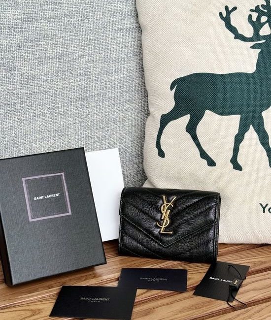 Yves Saint Laurent YSL Bifold Short Caviar Leather Wallet 414404