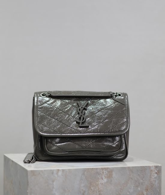 Yves Saint Laurent YSL Niki Dark Gray Waxed Leather Shoulder Bag 633151