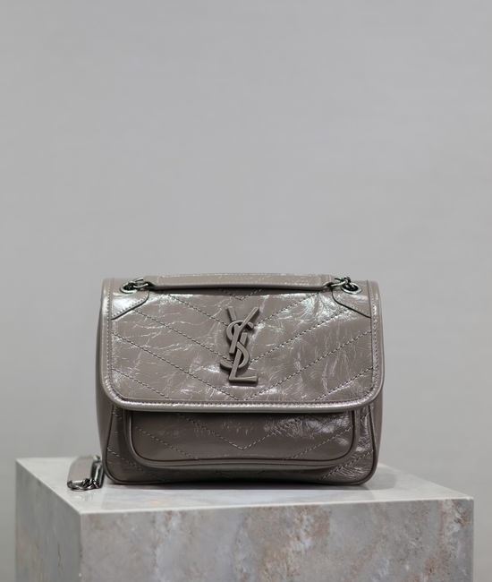 Yves Saint Laurent YSL Niki Gray Waxed Leather Shoulder Bag 633151