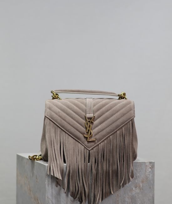 Yves Saint Laurent YSL Monogram College Grey Fringed Satchel 392737