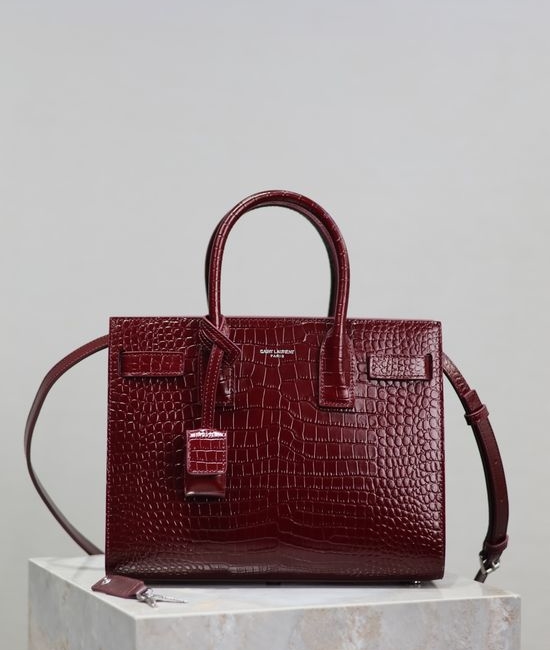 Yves Saint Laurent YSL Sac De Jour Burgundy Croc-Embossed Organ Bag 421863