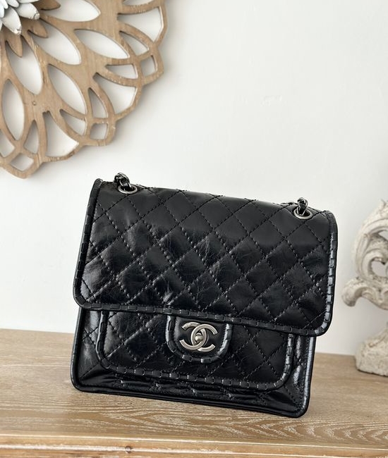 Chanel Vintage Resin Leather Flap Tofu Bag 2225 Black