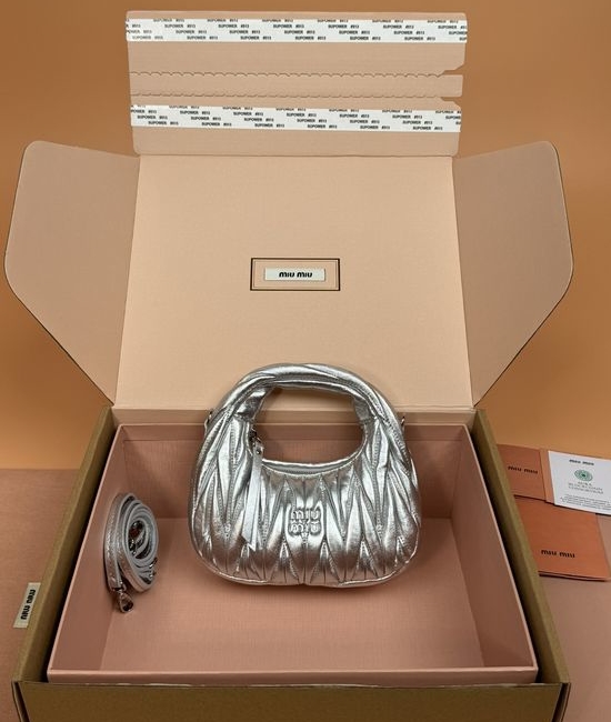 Miu Miu Wander Matelasse Mini Hobo Bag in Silver 5BP078