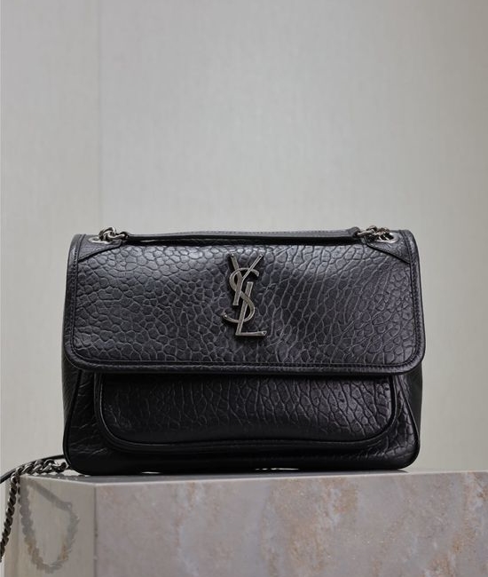 Yves Saint Laurent YSL Niki Black Elephant Pattern Silver Buckle 633158