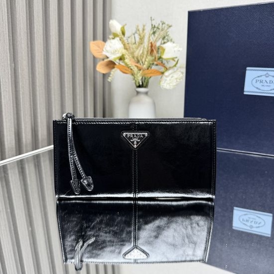 Prada Leather Pouch Enamel Logo Zipper Closure 3627