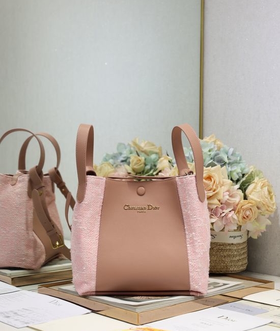 Christian Dior CD Signature Pink Tweed Bucket Bag 2366