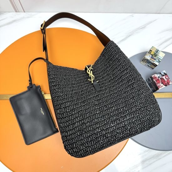 Yves Saint Laurent YSL Rose Black Raffia Weave Hobo Bag 753837