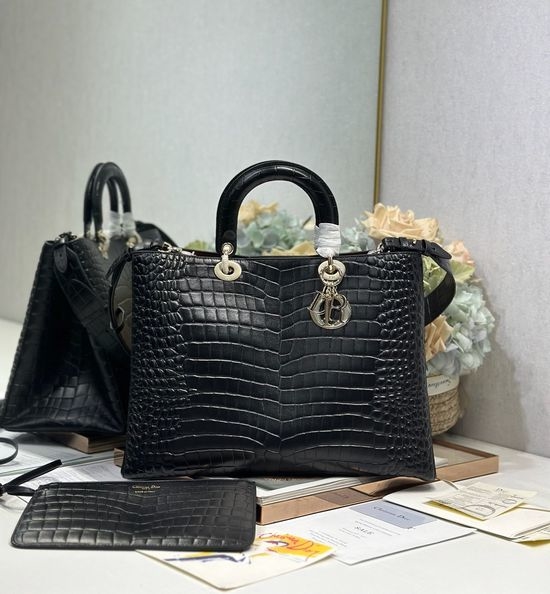 Christian Dior CD Christian Dior CD Toujours Black Crocodile Pattern Large Bag 1188