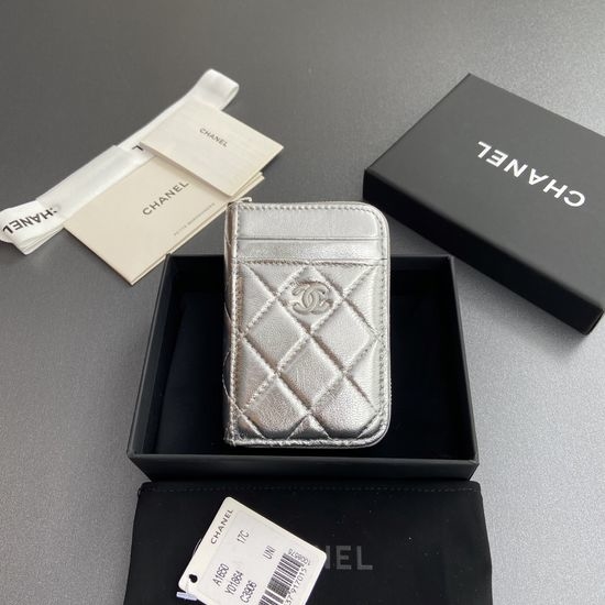 Chanel Silver Lambskin Silver Hardware Zip Card Holder 1650