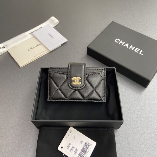 Chanel Black Lambskin Gold Hardware Card Holder 0342