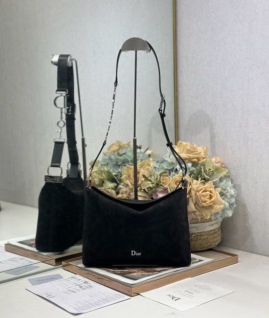 Christian Dior CD Handbag Black Velvet Stitched Silver Buckle 1411
