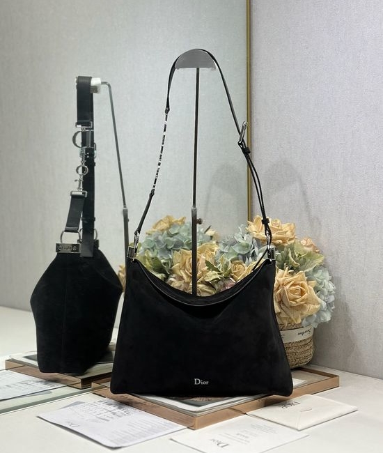 Christian Dior CD Handbag Black Velvet Spliced Leather Silver Buckle 1412
