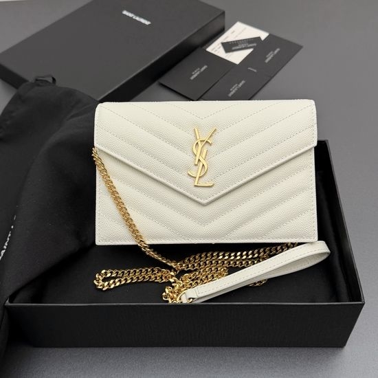 Yves Saint Laurent YSL ENVELOPE Grain Leather Chain Wallet 393953 White
