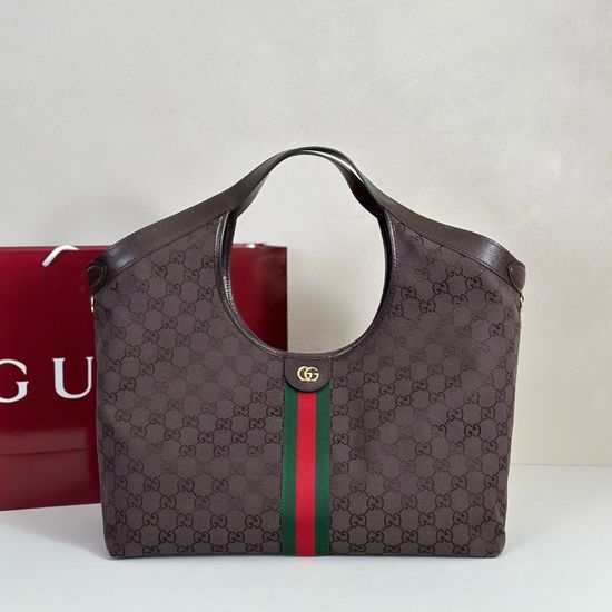 Gucci Tote Bag Dark Brown Canvas Leather Trim 853971