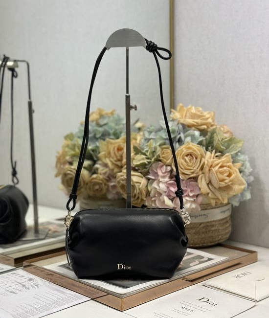 Christian Dior CD Bow Handbag Black Sheepskin S3900