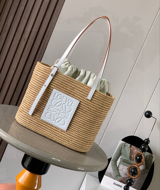 Loewe Basket Raffia Leather Handbag 8001 White