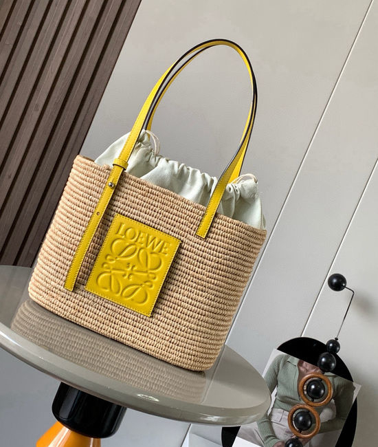 Loewe Basket Raffia Leather Handbag 8001 Yellow