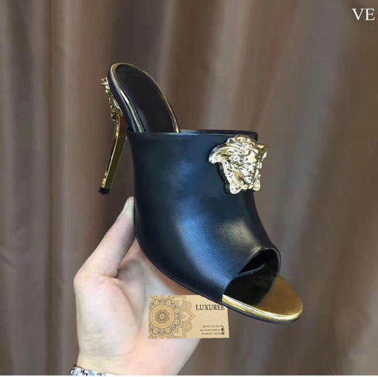 Versace High Heel Slide Sandals Full Sheepskin Lined Cowhide Upper