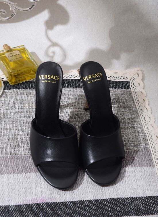 Versace High Heel Slide Sandals Full Sheepskin Lined Cowhide Upper