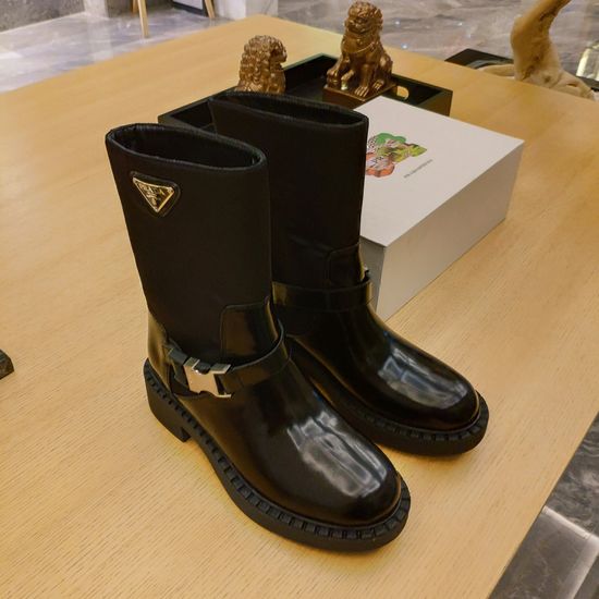 Prada Water Resistant Mid Calf Boots With Silver Tone Buckle