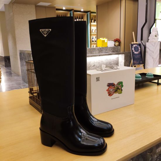 Prada Stitched Leather Chunky Heel Knee High Boots with Detachable Pouch