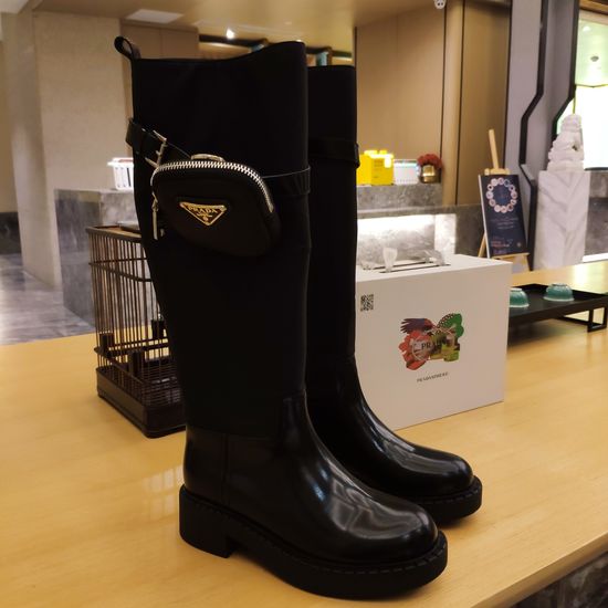 Prada Stitched Leather Chunky Heel Knee High Boots with Detachable Pouch