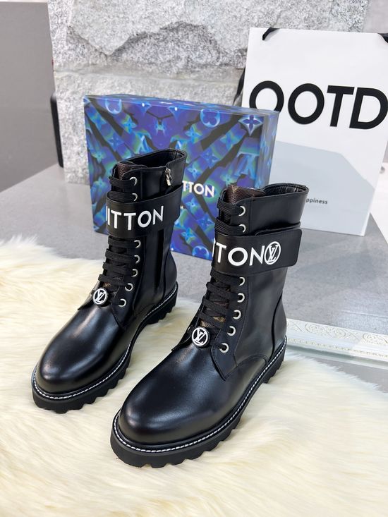 Louis Vuitton Genuine Leather Flat Ankle Boots Adjustable Fastening Side Zipper