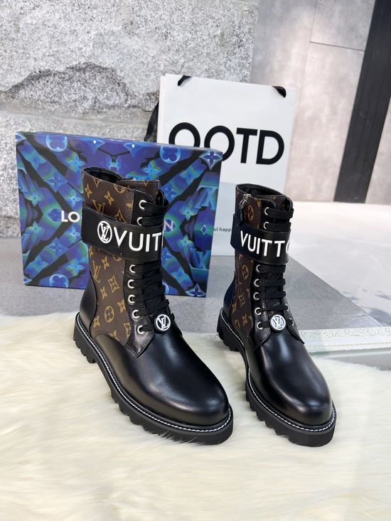 Louis Vuitton Genuine Leather Flat Ankle Boots Adjustable Fastening Side Zipper