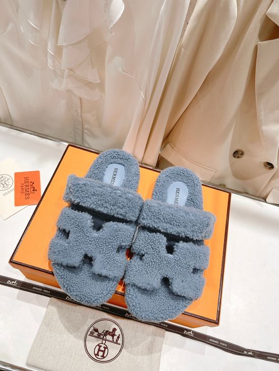 Hermes Soft Lamb Fur Slippers Warm Cozy Non-slip Sole Comfortable