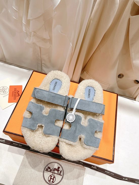 Hermes Suede Upper Lamb Fur Lined Slippers Warm Comfortable Non-slip