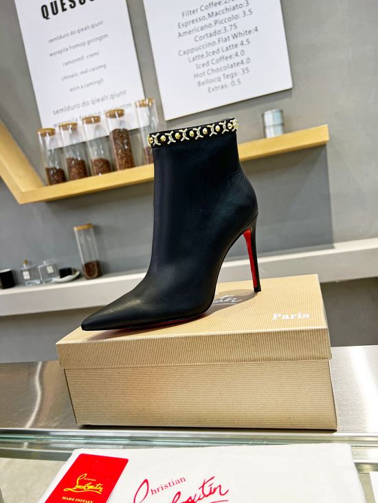 Louis Vuitton Pointed Toe Stiletto Ankle Boots Leather Red Sole Side Zip Shoes