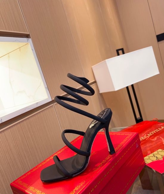 Rene Caovilla Elegant Satin Ankle Wrap Heeled Sandals with Shiny Sole
