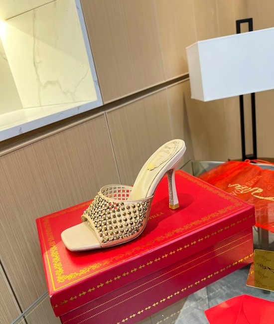 Rene Caovilla Classy Rhinestone Decorated Heeled Slides Soft Lining Elegant Daily Wear Shoes