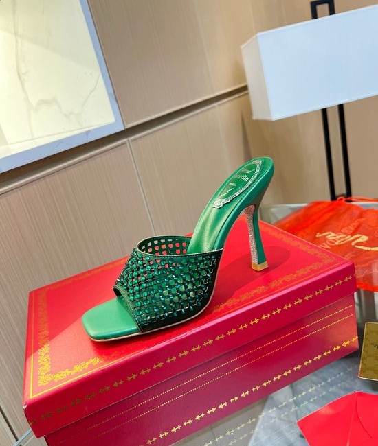 Rene Caovilla Classy Rhinestone Decorated Heeled Slides Soft Lining Elegant Daily Wear Shoes