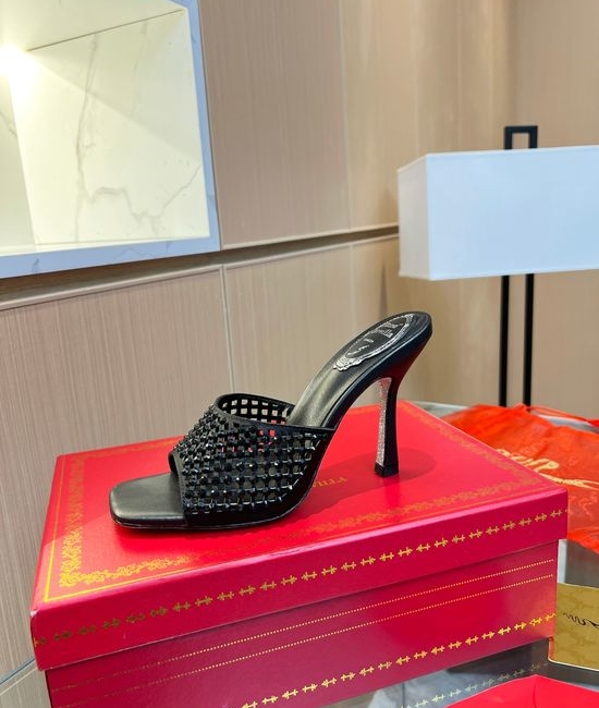 Rene Caovilla Classy Rhinestone Decorated Heeled Slides Soft Lining Elegant Daily Wear Shoes