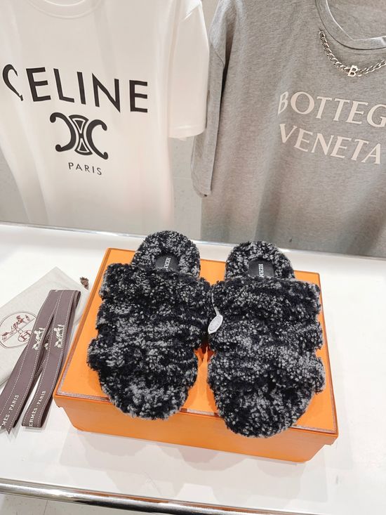 Hermes Soft Lamb Fur Slippers Warm Cozy Non-slip Sole Comfortable