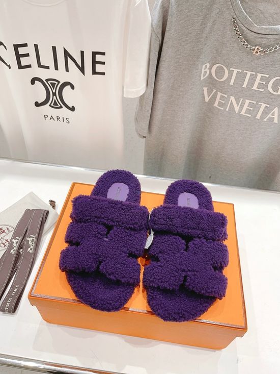 Hermes Soft Lamb Fur Slippers Warm Cozy Non-slip Sole Comfortable
