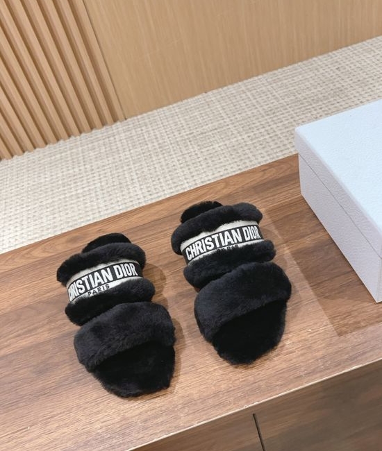 Christian Dior CD Wool Lined Flat Slippers Soft Leather Sole