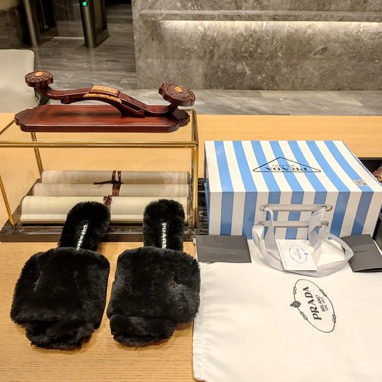 Prada Shearling Fur Lined Hook Loop Comfort Slippers With Decorative Buckle